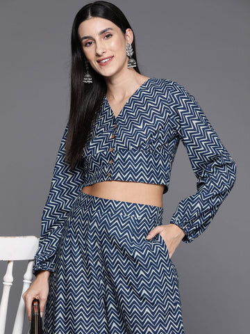 Blue Chevron Printed Top Paired With Tonal Palazzo